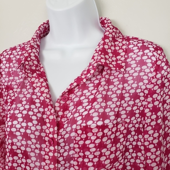 Downeast Basics Small Magenta Pink Chiffon Blouse White Polka Dot Button Up Top - Picture 7 of 9